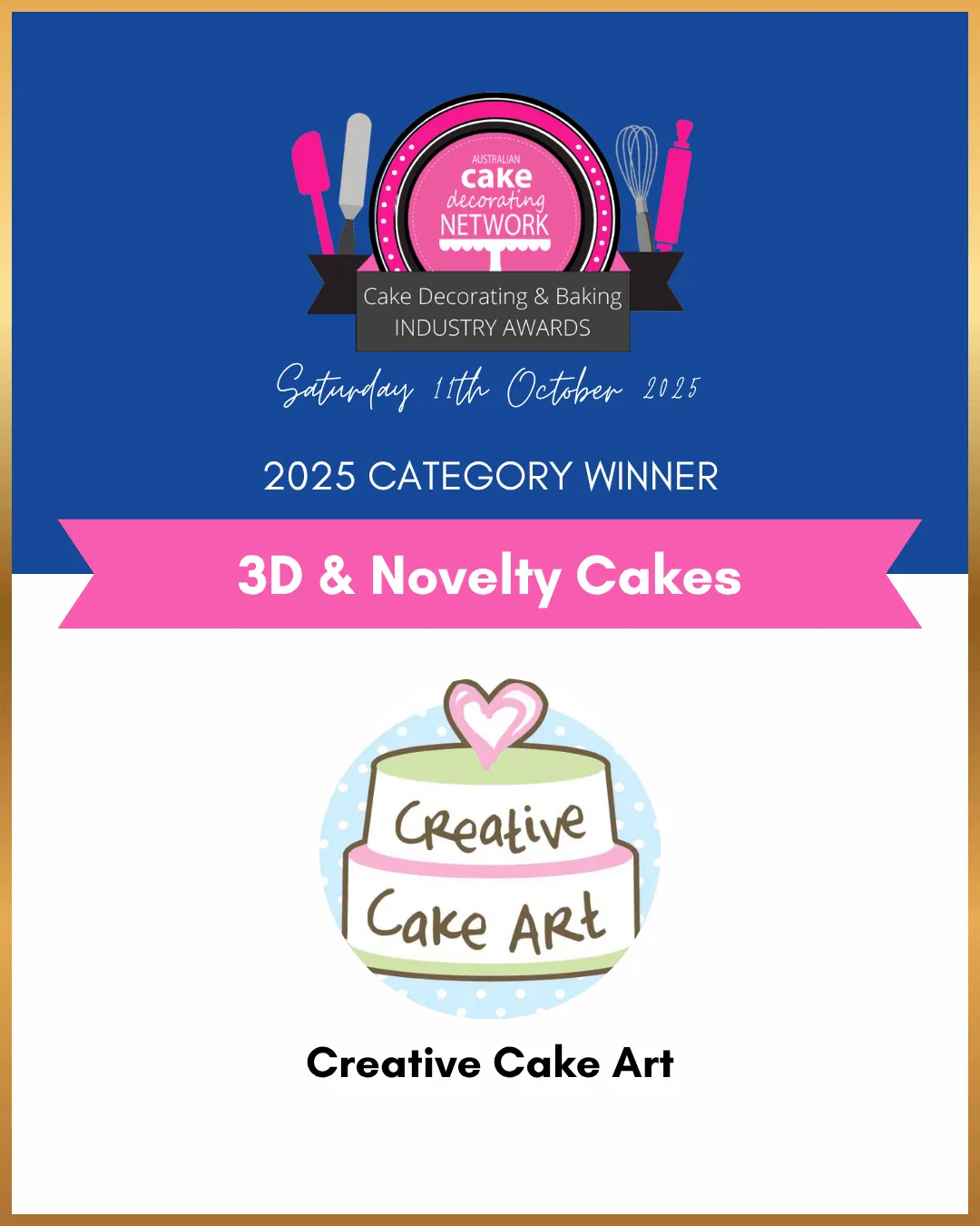 2025 ACDN Awards 3D and Novelty Cakes category winner card