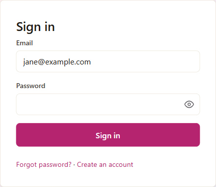 The Cake! Network sign-in form with an email filled in