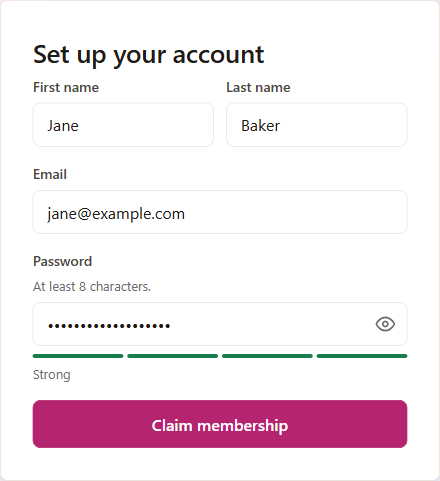 The set-up-your-account form with name, email and a new password filled in