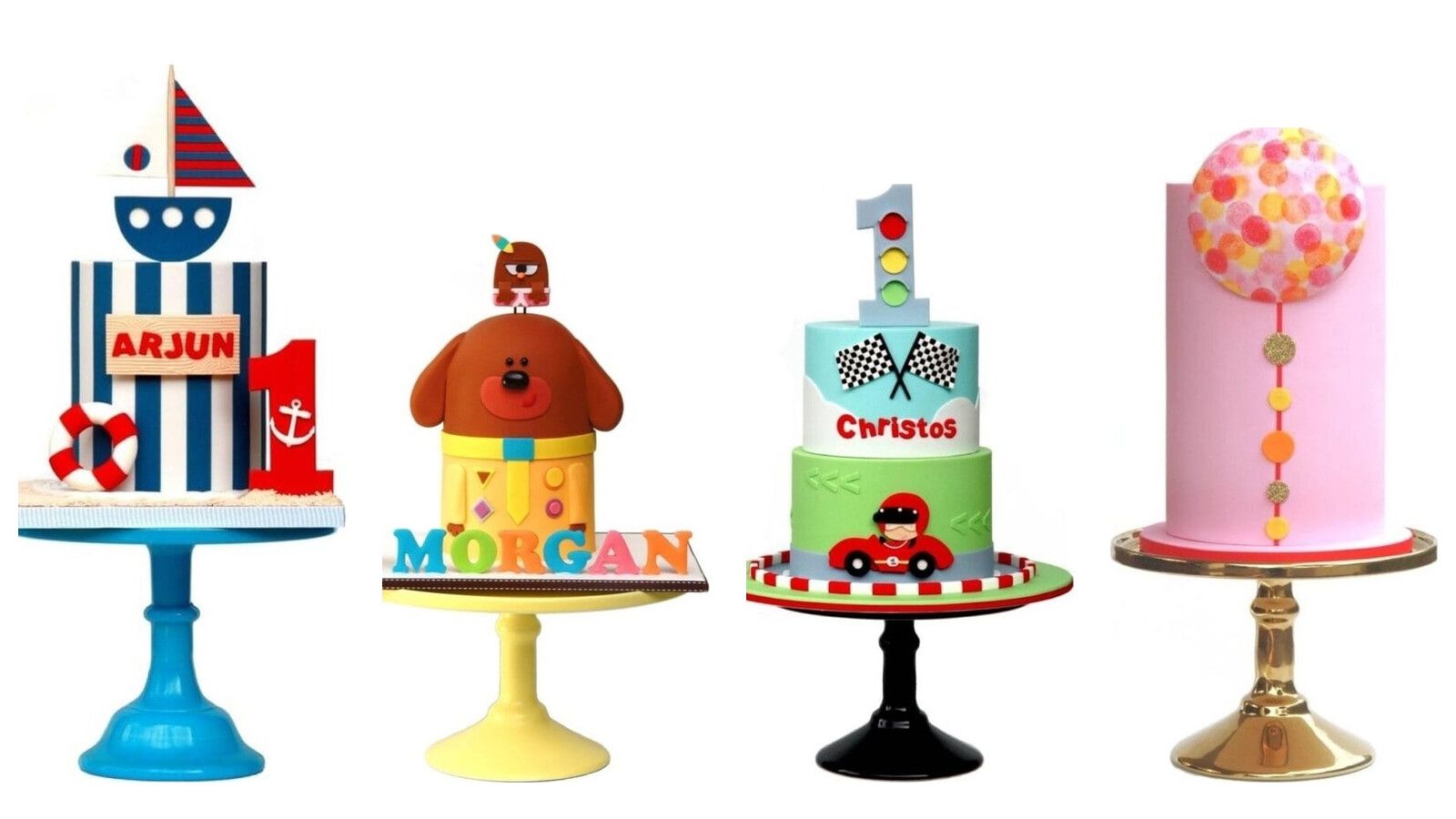 Four finished cakes made in the Foundation Masterclass, each covered in fondant and standing on a cake stand