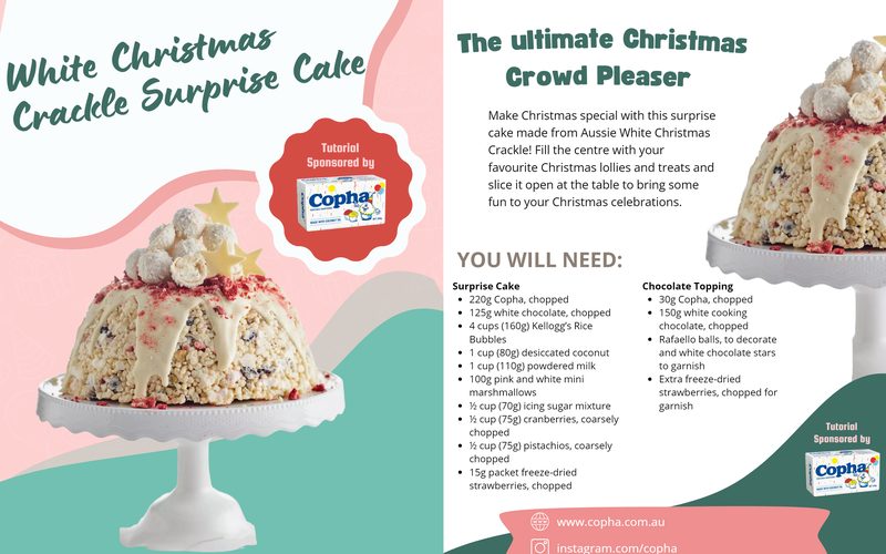 White Christmas Crackle Surprise Cake Tutorial - opener spread